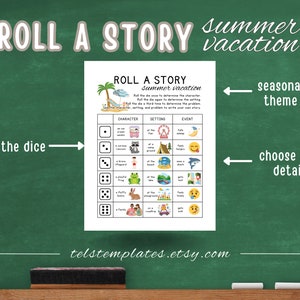 May include: A printable game board with a summer vacation theme. The board has three columns labeled "Character", "Setting", and "Event". Each column has six rows with different images representing a character, setting, or event. The game is played by rolling a die and choosing the corresponding image from the board.