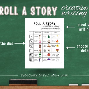 Pode incluir: Um jogo de escrita criativa intitulado "Roll a Story" em uma folha branca. O jogo envolve rolar um dado para escolher um personagem, cenário e evento. A folha é ilustrada e colocada em um fundo de quadro-negro verde. O site telstemplates.etsy.com é visível.