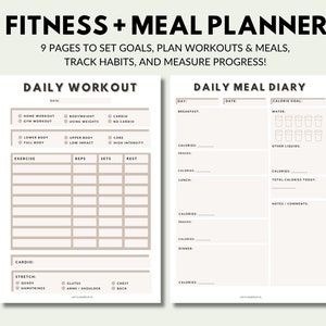 Könnte beinhalten: Ein druckbarer Fitness- und Ernährungsplaner mit einem täglichen Trainingsprotokoll und einem täglichen Ernährungstagebuch. Das Trainingsprotokoll enthält Abschnitte für Übung, Wiederholungen, Sätze, Ruhe, Cardio und Dehnung. Das Ernährungstagebuch enthält Abschnitte für Frühstück, Snacks, Mittagessen, Abendessen, Wasser, andere Flüssigkeiten, Kalorien und Notizen.
