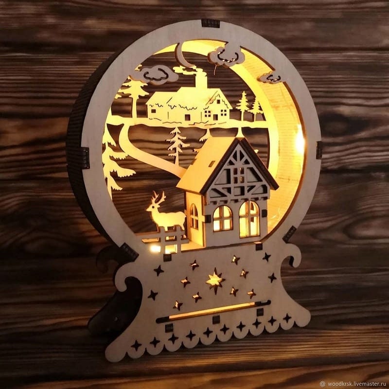 Winter Village Scene Lamp Laser Cut File, multilayer digital design for laser cutting machine to create winter village scene lamp.  Deer