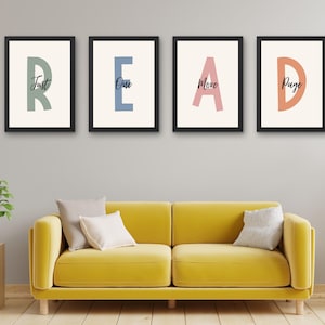 Just One More Page Wall Art, READ druckbares Poster Set von 4, Lesemotivation Dekor für Klassenzimmerbibliothek Kinderzimmer, digitaler Download