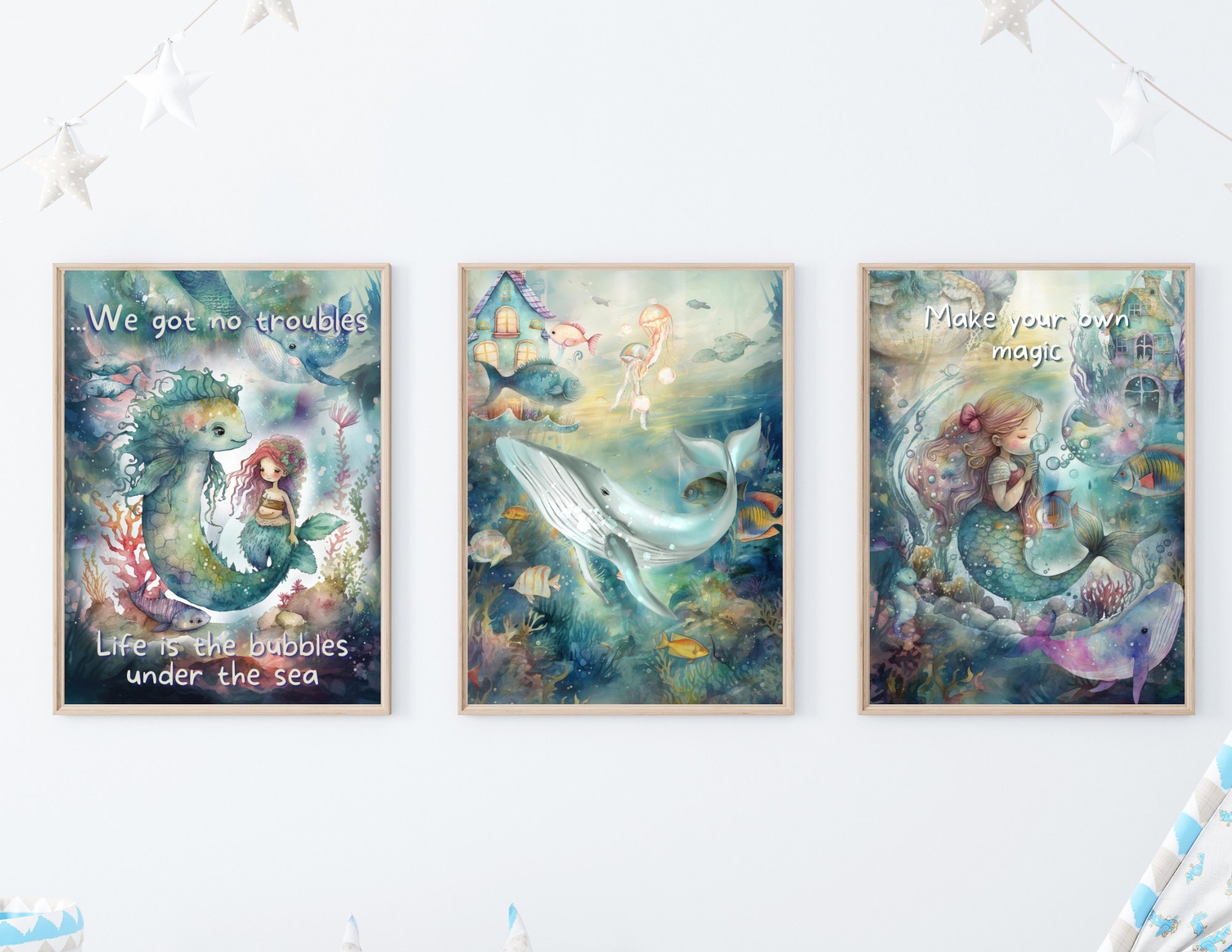 Enchanting Mermaid Wall Decor, 3 Piece Mermaid Set for Girls Nursery