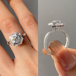 3CT Asscher Cut Moissanite Engagement Ring, Halo Wedding Ring, Bagutte Halo Diamond Ring , Big Size Moissanite Ring, Anniversary Gifts