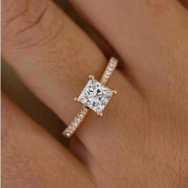 1.18CT Princess Cut Moissanite Diamond Ring - Tapered Half Eternity Band Ring - 14k Solid Rose Gold Ring - Micro Pave Bridge Ring