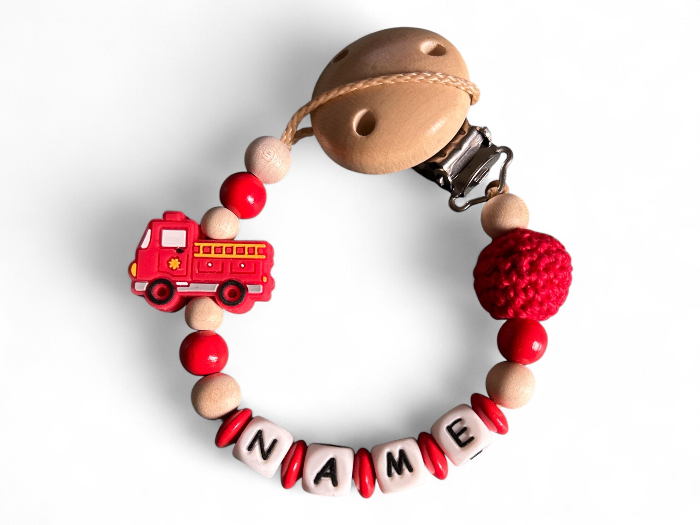 Fire brigade pacifier chain with name and crochet bead