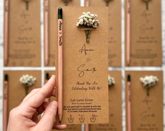 Personalisierte Bleistift-Hochzeits-Gastgeschenke, Eco freundliche Hochzeits-Gastgeschenke, bepflanzte Bleistift-Bevorzugungen für Hochzeitsfeier, blühende Bleistift-Bevorzugungen, Hochzeit