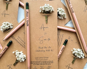 Personalisierte Hochzeit Bleistift Danke Gefälligkeiten, Pflanzbare Samen Bleistift Gunst für Hochzeitsgäste, kundenspezifische umweltfreundliche Bevorzugungen für Hochzeitsgäste