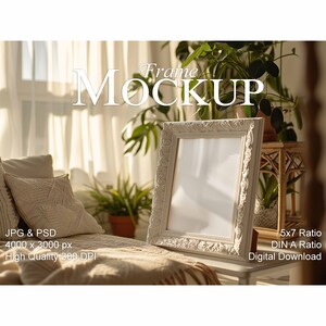 DIN A frame Mockup, 5x7 ratio Mockup, stylish boho interior, empty frame Mockup for prints and art, smart object frame Mockup, PSD