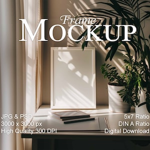 DIN A frame Mockup, 5x7 ratio vertical Mockup, stylish boho interior, empty frame Mockup for art prints, smart object Mockup, PSD
