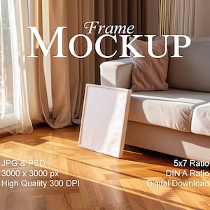 DIN A frame Mockup, vertical 5x7 ratio, contemporary minimalist interior, empty canvas Mockup for art prints, Smart Object Photoshop, PSD