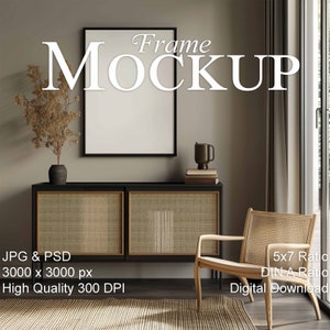 DIN A frame Mockup, 5x7 ratio vertical Mockup, stylish contemporary interior, empty frame Mockup for art prints, Smart Object Photoshop, PSD