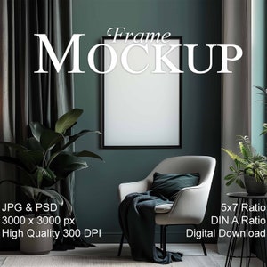 DIN A frame Mockup, 5x7 ratio vertical Mockup, stylish contemporary interior, empty frame Mockup for art prints, Smart Object Photoshop, PSD