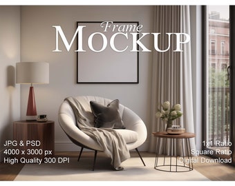 Square frame Mockup, 1x1 ratio Mockup, stylish boho interior, empty frame Mockup for prints and art, smart object frame Mockup, PSD