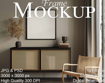 Square frame Mockup, 1x1 ratio Mockup, stylish contemporary boho interior, empty frame Mockup for art prints, Smart Object Photoshop, PSD