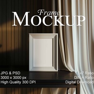 DIN A frame Mockup, 5x7 ratio vertical Mockup, contemporary interior, empty frame Mockup for prints and art, smart object frame Mockup, PSD