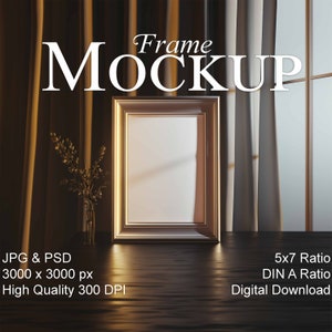 DIN A frame Mockup, 5x7 ratio vertical Mockup, stylish contemporary interior, empty frame Mockup for art prints, smart object Mockup, PSD