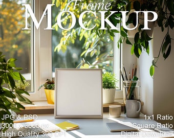Square frame Mockup, 1x1 ratio Mockup, stylish contemporary boho interior, empty frame Mockup for art prints, Smart Object Photoshop, PSD
