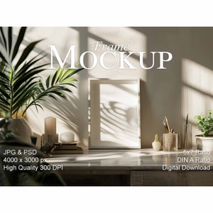 DIN A frame Mockup, 5x7 ratio Mockup, stylish boho interior, empty frame Mockup for prints and art, smart object frame Mockup, PSD