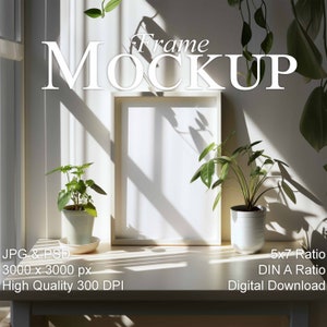 DIN A frame Mockup, 5x7 ratio vertical Mockup, boho contemporary interior, empty frame Mockup for art prints, Smart Object Photoshop, PSD