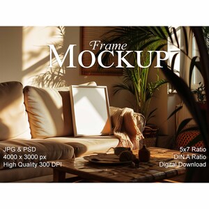 DIN A frame Mockup, 5x7 ratio Mockup, stylish boho interior, empty frame Mockup for prints and art, smart object frame Mockup, PSD