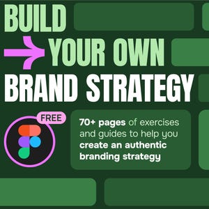 Puede incluir: Un fondo de ladrillos verdes con una flecha blanca apuntando hacia la derecha. El texto "BUILD YOUR OWN BRAND STRATEGY" está en letras blancas. Debajo del texto hay un círculo con un contorno rosa y un fondo negro. Dentro del círculo hay un diseño gráfico colorido con formas rojas, naranjas, azules y verdes. El texto "FREE" está en un rectángulo blanco con un contorno negro. Debajo del círculo está el texto "70+ páginas de ejercicios y guías para ayudarte a crear una estrategia de marca auténtica."
