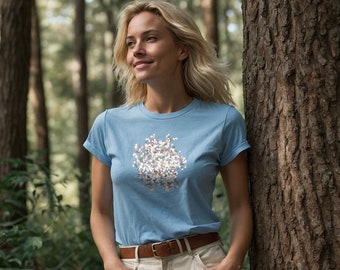 T-shirt in cotone organico di moda sostenibile con stampa vegetale biologica con stampa artistica di radici, abbigliamento del commercio equo e solidale