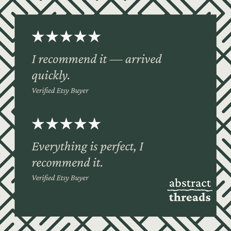Five-star customer reviews for Abstract Threads — verified buyers praising quick delivery and overall quality