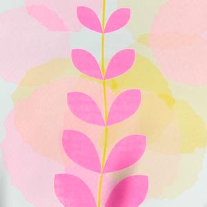 Collage of the handmade A3 botanical riso print: close-up of the pink leaves, full print in sunlight and the print on kraft paper