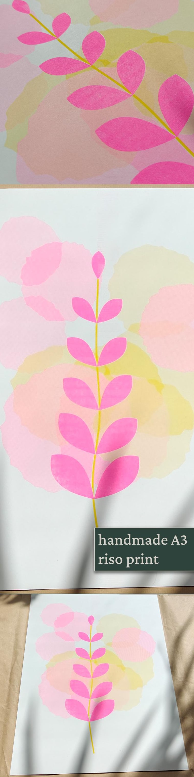 Collage of the handmade A3 botanical riso print: close-up of the pink leaves, full print in sunlight and the print on kraft paper