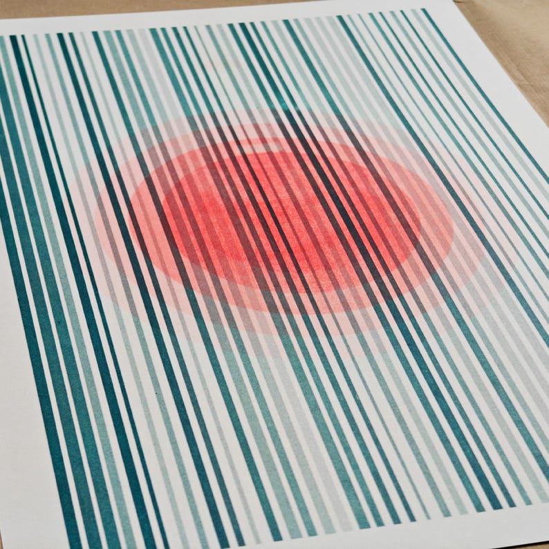 The full A3 riso print flat on kraft paper — vertical teal stripes with a soft fluorescent orange-red circle glowing through the centre
