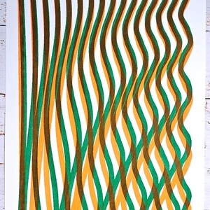 Collage of the A3 riso print with green and orange wavy lines: full print on wood, close-up detail and prints on the drying rack