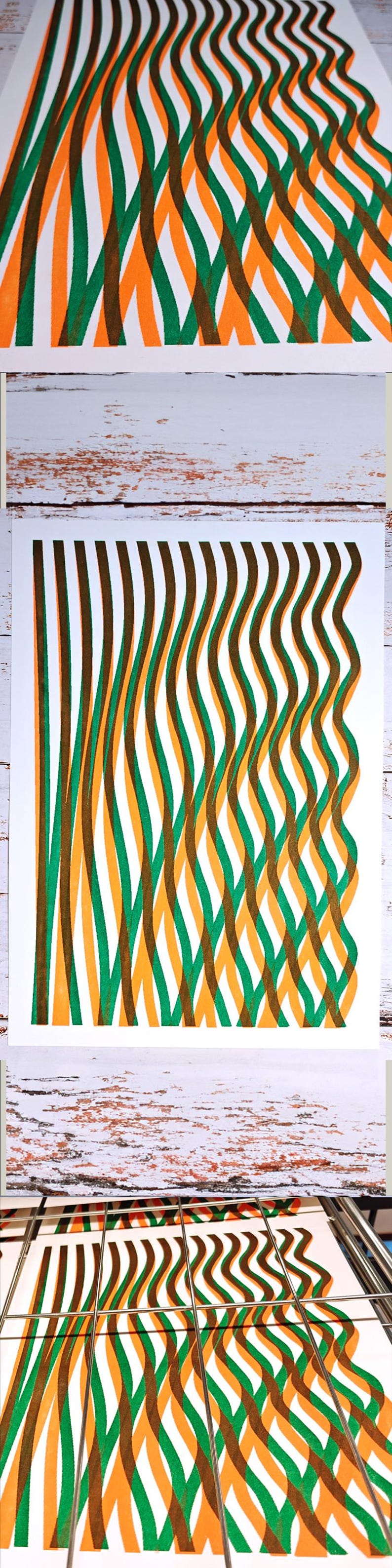 Collage of the A3 riso print with green and orange wavy lines: full print on wood, close-up detail and prints on the drying rack