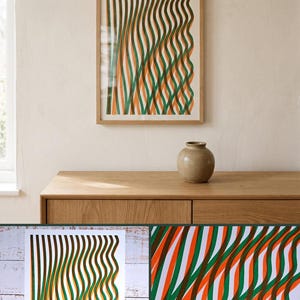 Pinterest collage of the Handmade A3 Risoprint, Limited Edition of 10 by Abstract Threads: the print in a room or in hand, the full print, and a close-up of the risograph ink