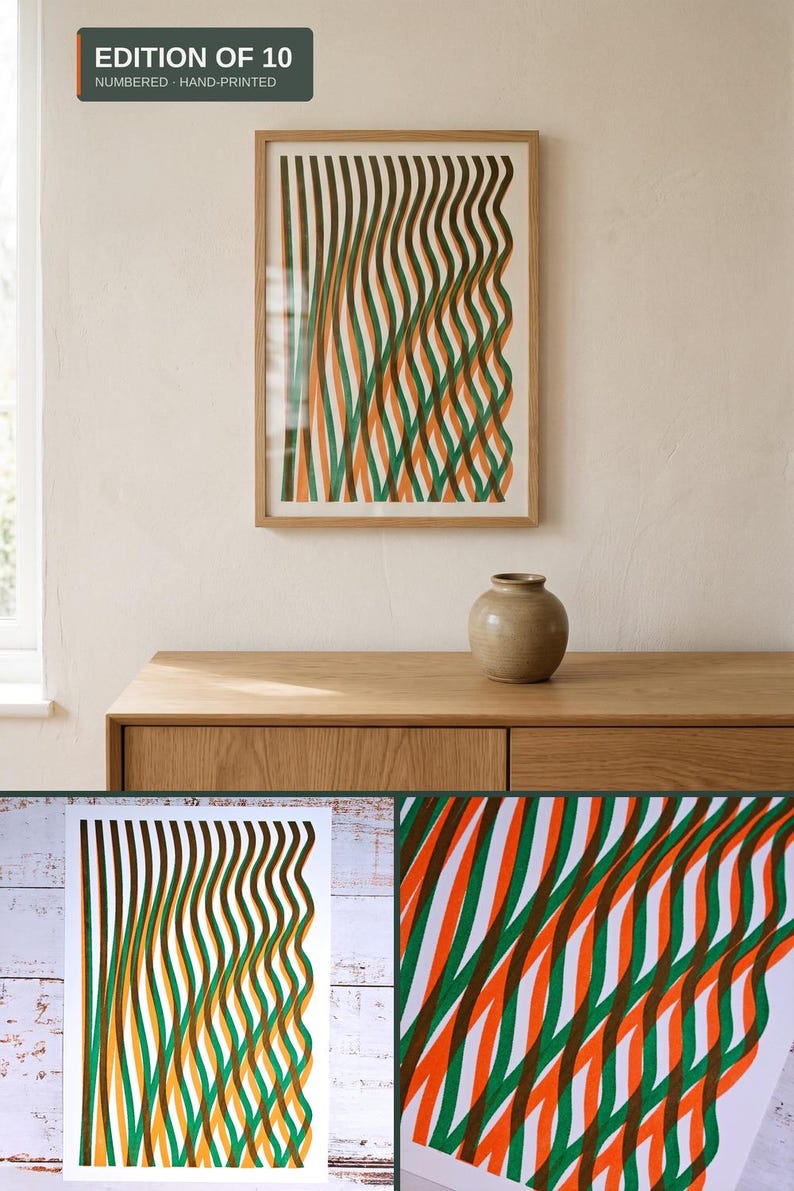 Pinterest collage of the Handmade A3 Risoprint, Limited Edition of 10 by Abstract Threads: the print in a room or in hand, the full print, and a close-up of the risograph ink