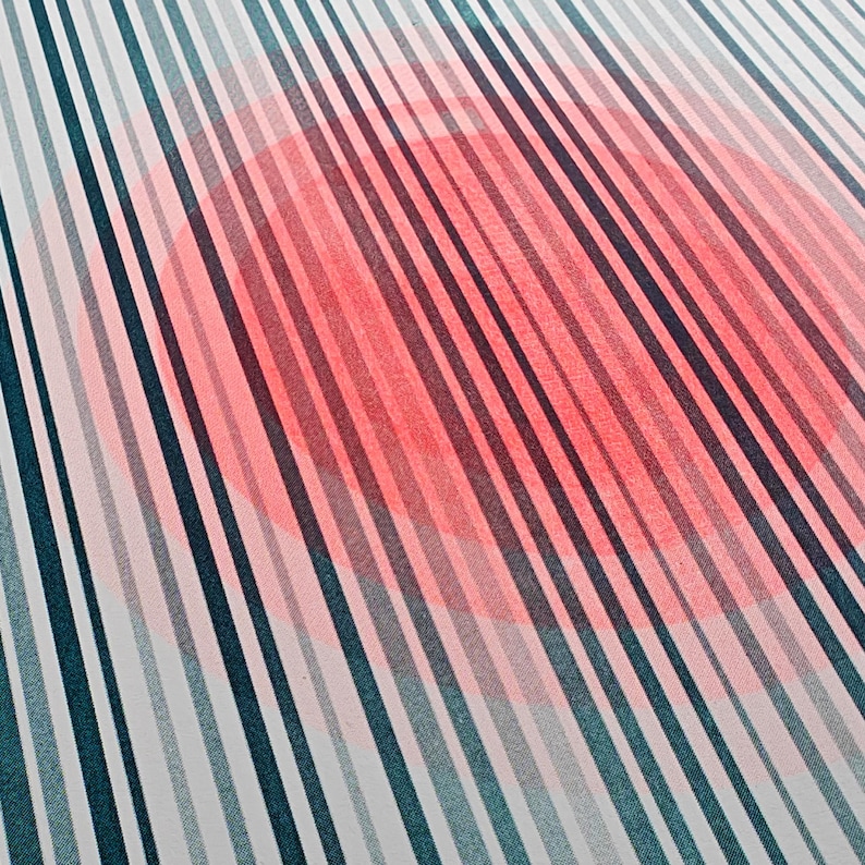 The minimalist A3 riso print with its glowing orange circle and vertical teal stripes, contemporary abstract design