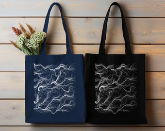 Bolso de mano con diseño minimalista y estampado lineal algorítmico / Lona de algodón orgánico.