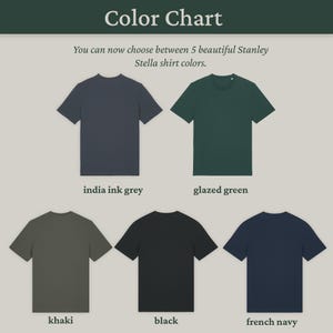 Colour chart showing 5 shirt colours: india ink grey, glazed green, khaki, black and french navy