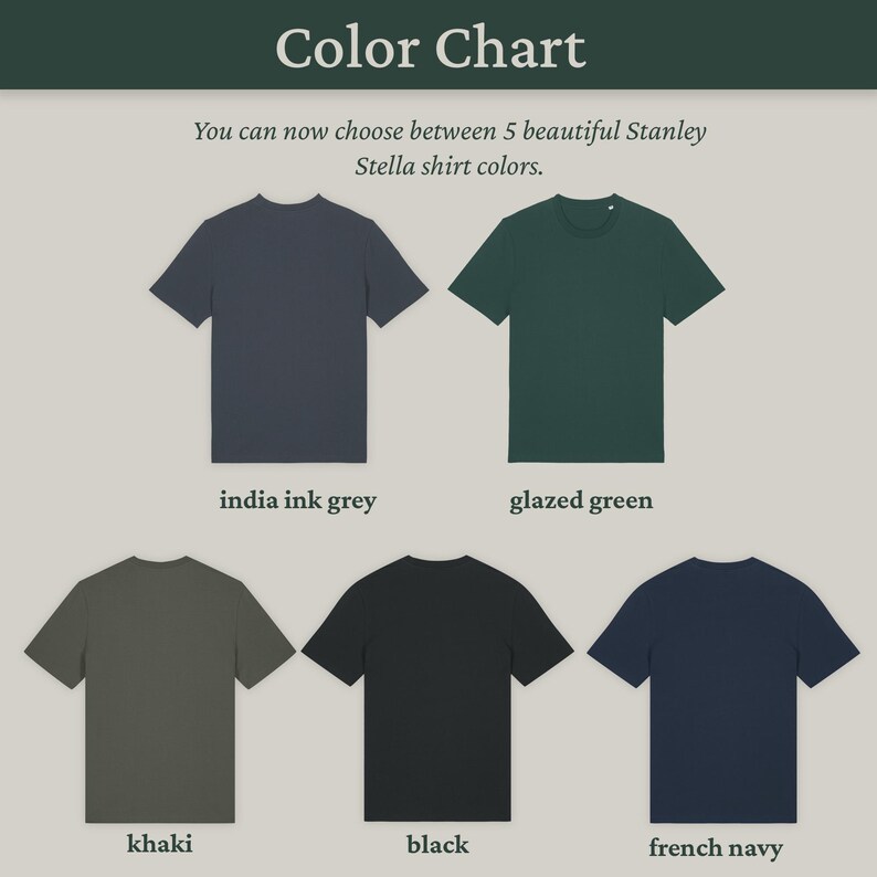 Colour chart showing 5 shirt colours: india ink grey, glazed green, khaki, black and french navy
