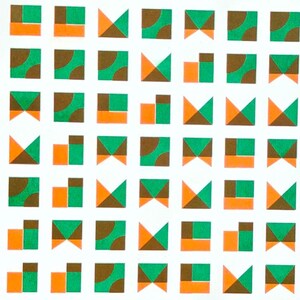 Collage of the handmade A3 riso print: angled view of the green and orange tiles, full print in sunlight and detail shot