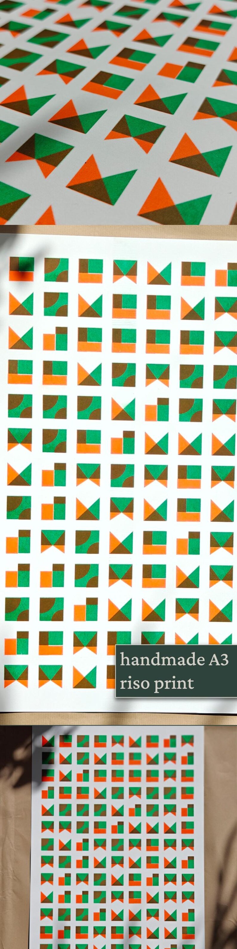 Collage of the handmade A3 riso print: angled view of the green and orange tiles, full print in sunlight and detail shot