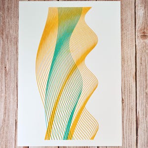 May include: Abstract art print featuring a wavy pattern of yellow and teal lines on a white background.
