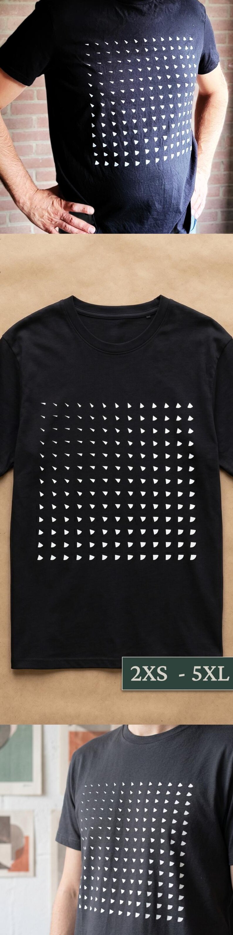 Collage: man wearing the black triangle grid t-shirt, black flat lay with 2XS–5XL size label, and man in dark grey t-shirt with the rotating triangle pattern