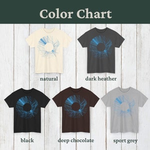 Colour chart showing 5 available shirt colours with the blue radial print: natural, dark heather, black, deep chocolate and sport grey