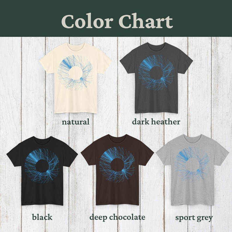 Colour chart showing 5 available shirt colours with the blue radial print: natural, dark heather, black, deep chocolate and sport grey