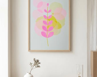 A3 Botanical Risograph Print — Handmade Nature Wall Art, Pink Leaves, Limited Edition