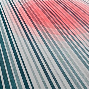 Abstract risograph print with a geometric circle design — fluorescent orange detail behind a teal stripe pattern, minimalist A3 wall art