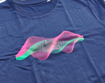 May include: A navy blue t-shirt with a pink and green abstract wave design.