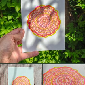 Pinterest collage of the Tree Rings Riso Print A5 by Abstract Threads: the print in a room or in hand, the full print, and a close-up of the risograph ink