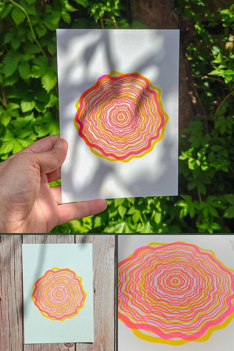 Pinterest collage of the Tree Rings Riso Print A5 by Abstract Threads: the print in a room or in hand, the full print, and a close-up of the risograph ink