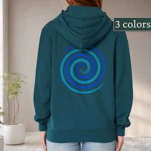 Double Spiral Print Hoodie Blue Shades Generative Art Mathematical Pattern Sustainable Fashion Fair Alternative Clothing Urban Outfit